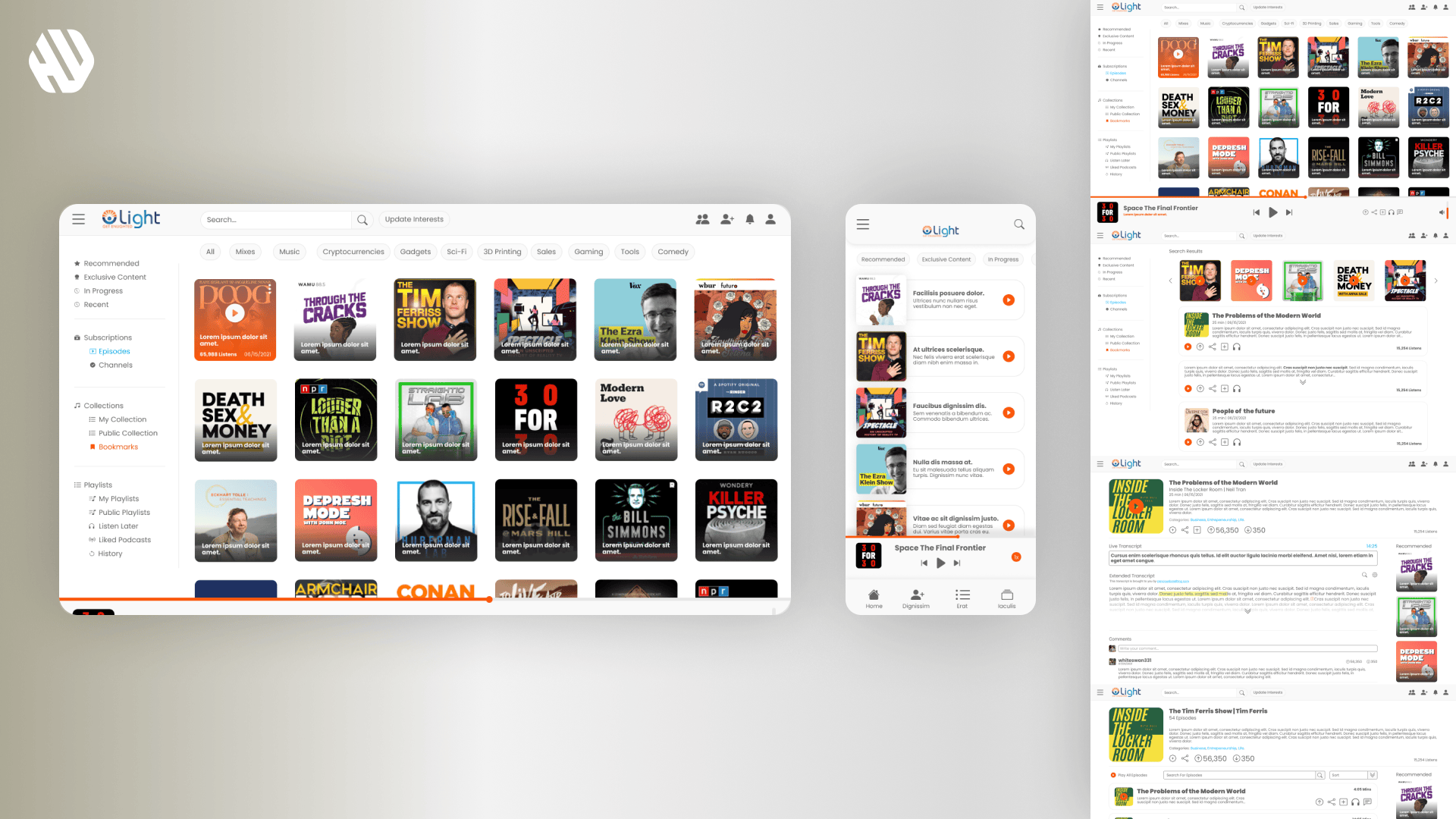 Screenshot of Light platform interface displaying various podcasts and video content.